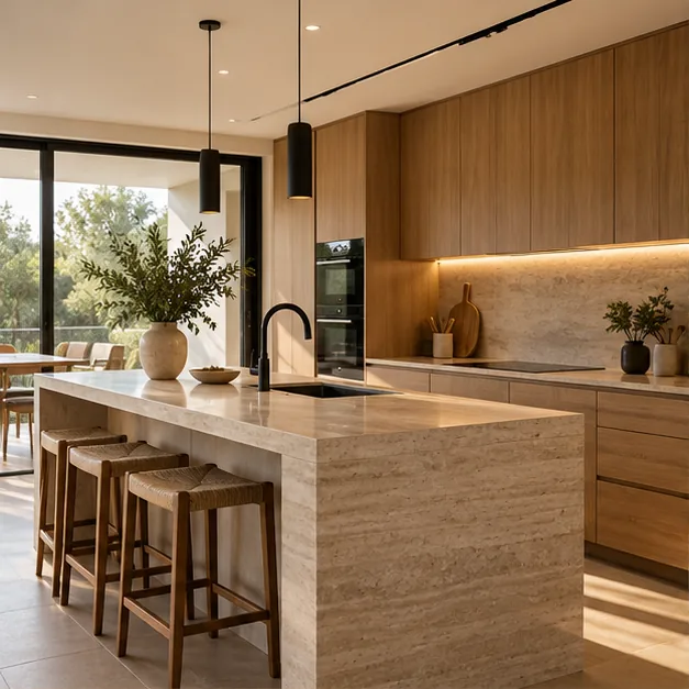 Cocina contemporánea de piedra y madera