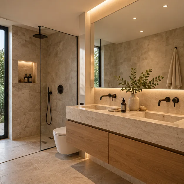 Baño contemporáneo de piedra y madera