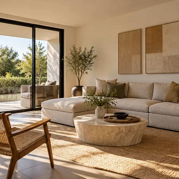 Salón reformado con acabados naturales