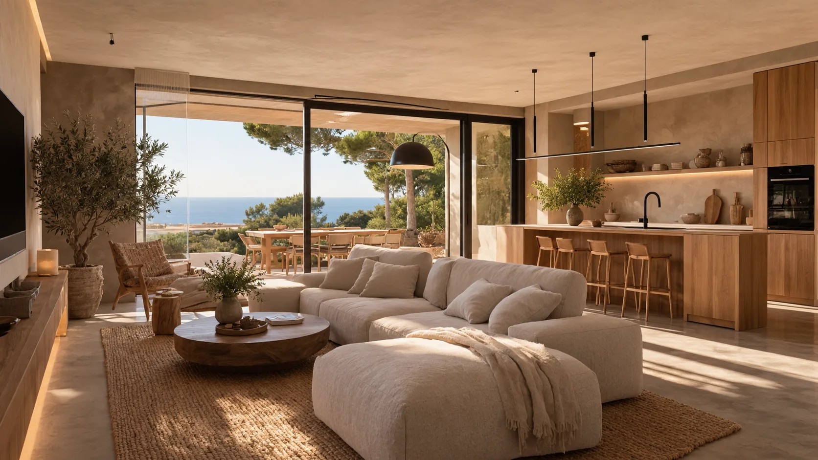 Salón y cocina abiertos con materiales naturales