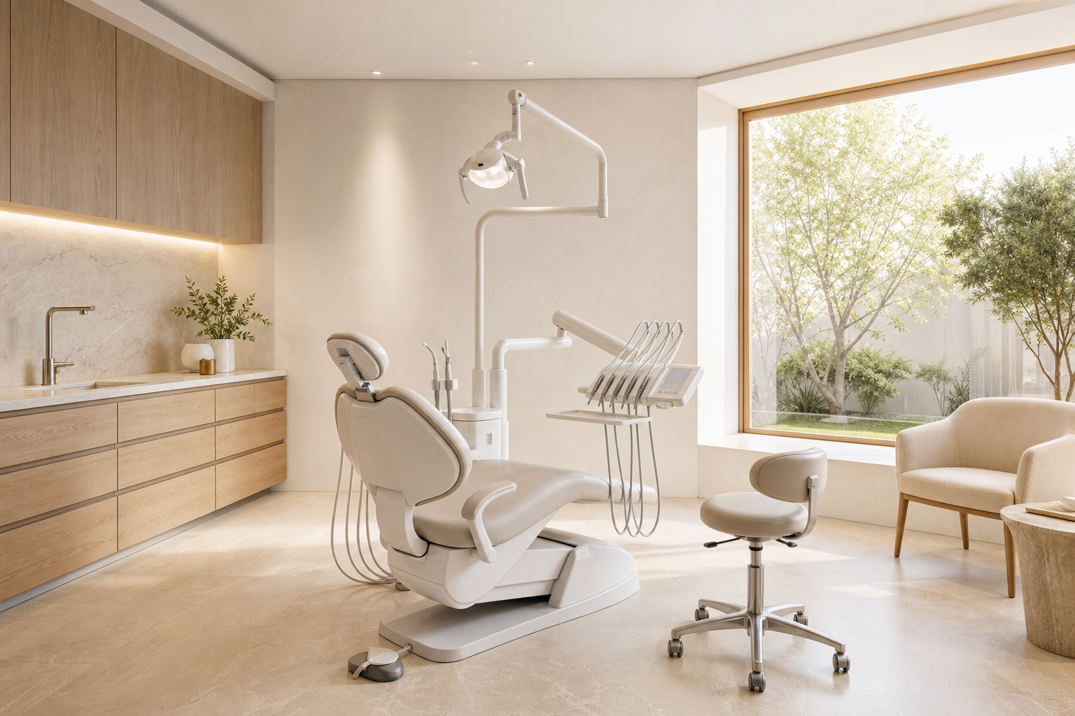 Gabinete dental luminoso preparado para una consulta